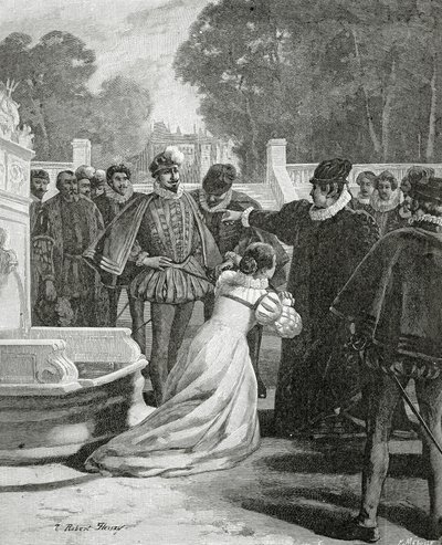 الملكة إليزابيث وإيرل ليستر ، القرن التاسع عشر (النقش من وزن الجسم) بواسطة توني روبرت فلوري